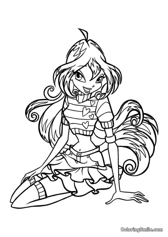 Розмальовки Winx Блум сидить і посміхається - Розмальовка