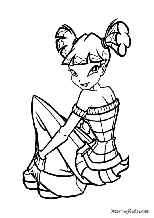 Розмальовки Winx Вінкс Муса сидить на підлозі - Розмальовка