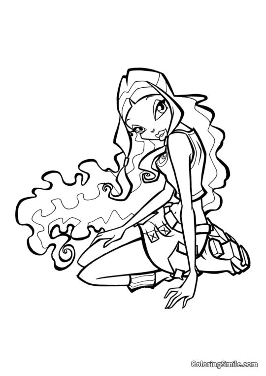 Розмальовки Winx Лейла сидить на підлозі - Розмальовка