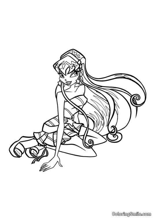 Розмальовки Winx Стелла сидить на підлозі - Розмальовка