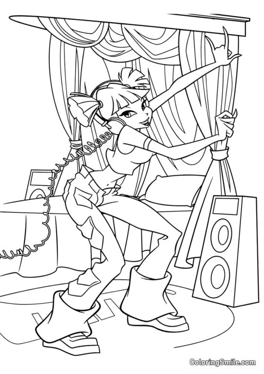 Розмальовки Winx Муса розмовляє по телефону - Розмальовка