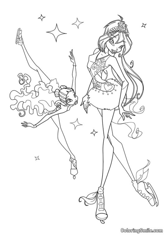 Розмальовки Winx Лейла та Блум на ковзанах - Розмальовка