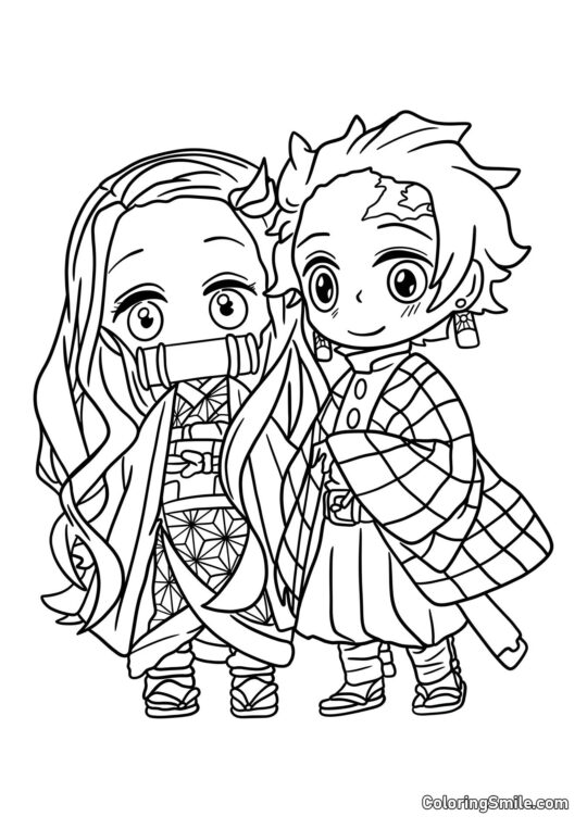 Chibi Tanjiro y Nezuko - Página para Colorear
