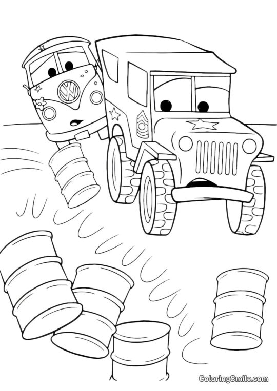 Carros no depósito - Página para Colorir