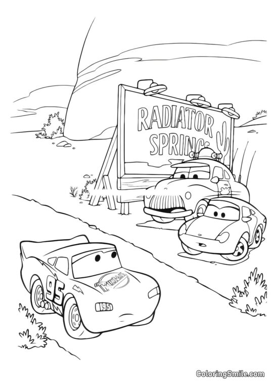 Carros na entrada da cidade - Página para Colorir