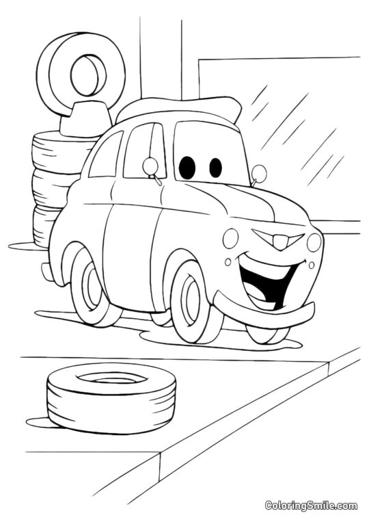 Carros na oficina de pneus - Página para Colorir