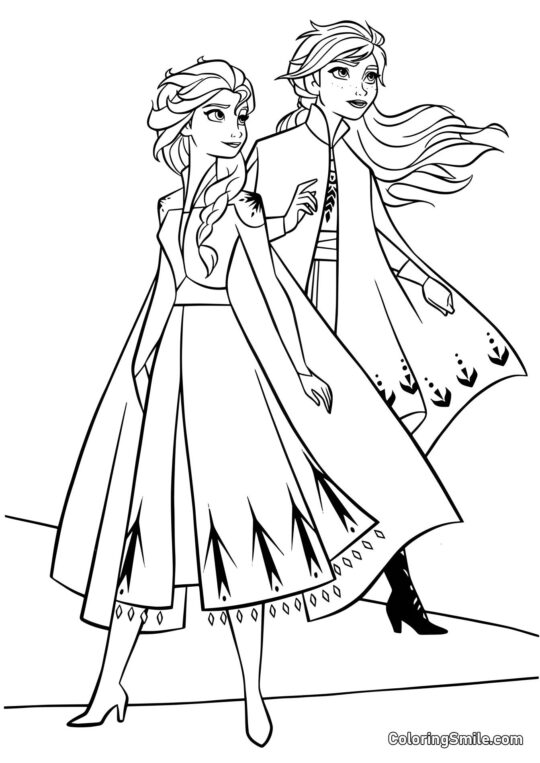 Розмальовки Крижане серце Анна та Ельза на шляху до зачарованого лісу - Розмальовка