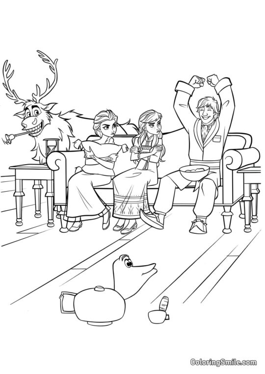 Розмальовки Крижане серце Персонажі “Замороженого серця 2” грають у крокодила - Розмальовка