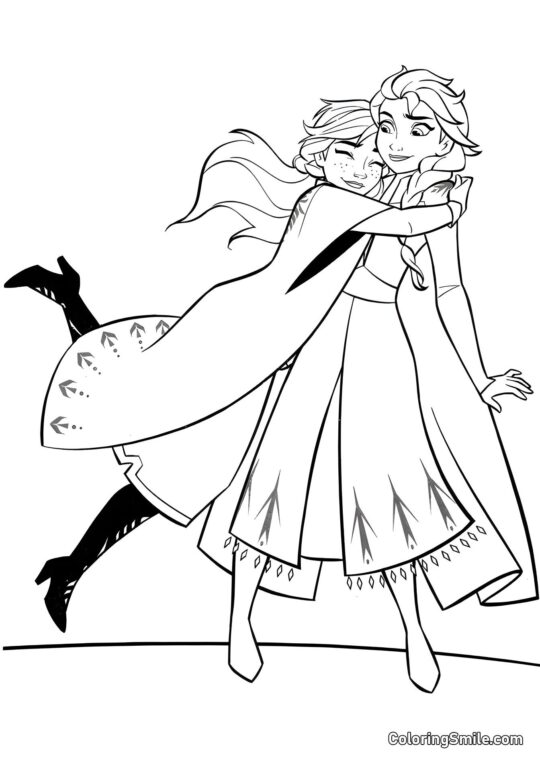 Розмальовки Крижане серце Анна обіймає Ельзу - Розмальовка