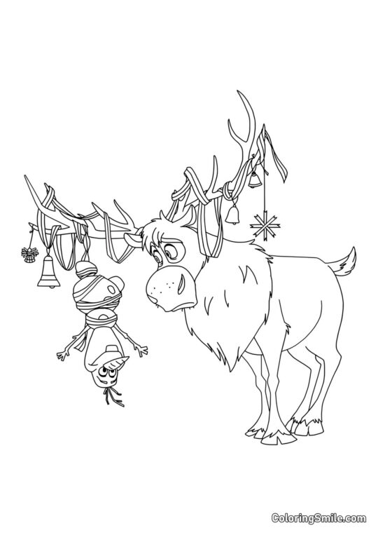Розмальовки Крижане серце Олаф висить на рогах Свена - Розмальовка