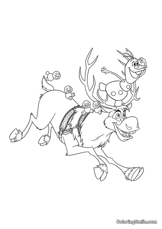 Розмальовки Крижане серце Олаф їде на Свені - Розмальовка